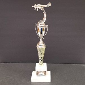 Mid-Century aeronautic trophy on a Carrera marble base with metal aircraft